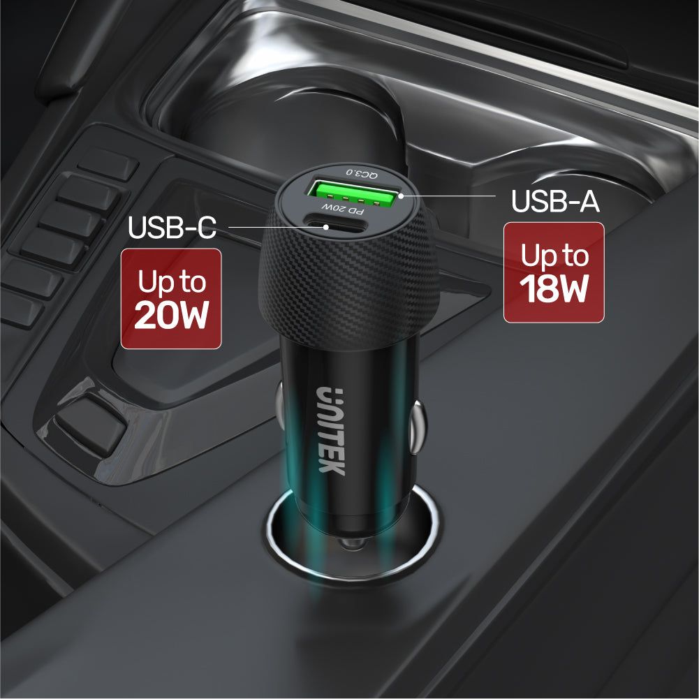 Полнач за автомобил UNITEK Powertrain Duo, 2 USB порти, брзо полнење, црн