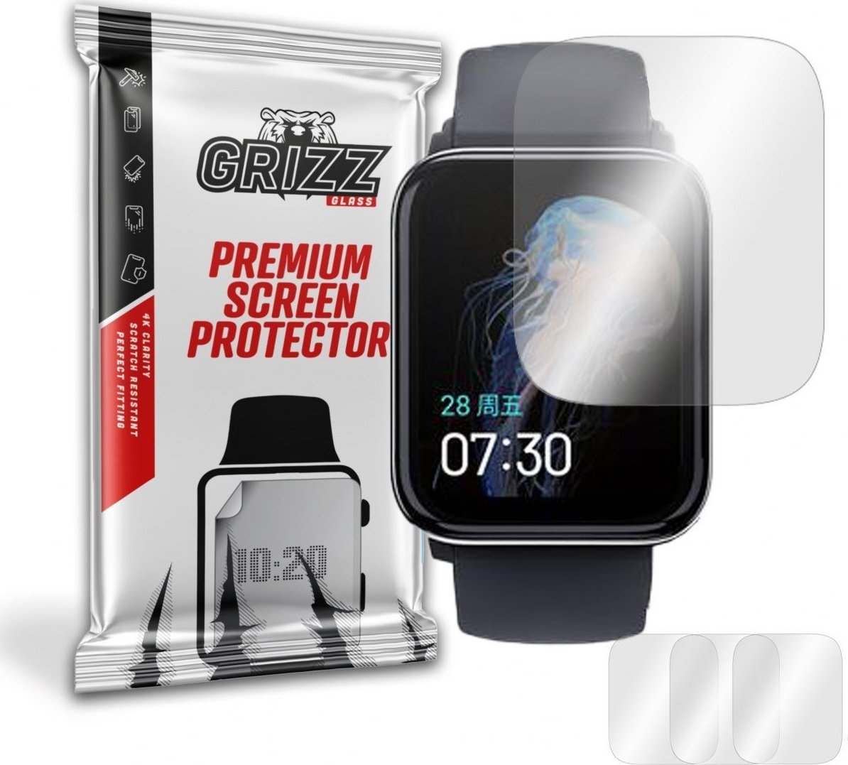 Mbrojtëse ekrani GrizzGlass Hydrogel Film, për Grizz Hey Plus Watch, set 3 copë, transparente