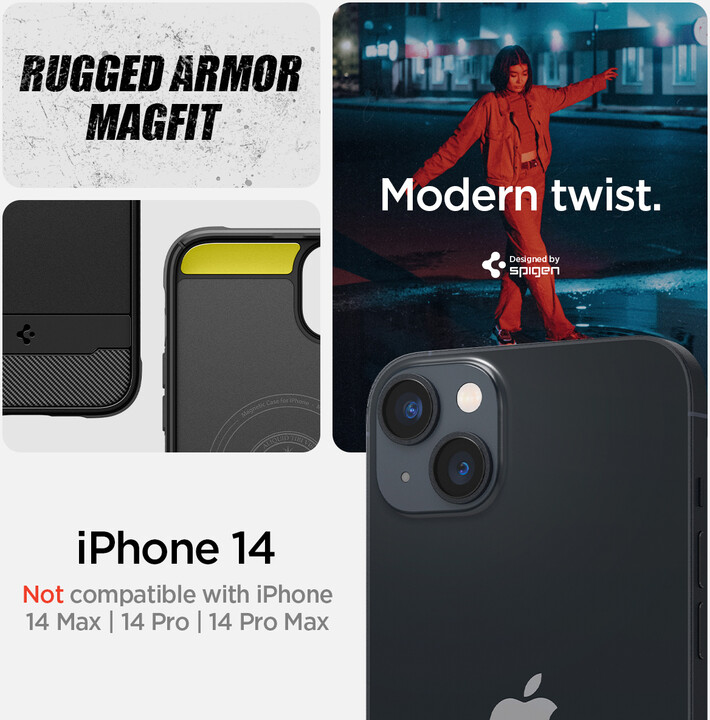 Mbulesa mbrojtëse Spigen Rugged Armor MagSafe për Apple iPhone 14, e zezë