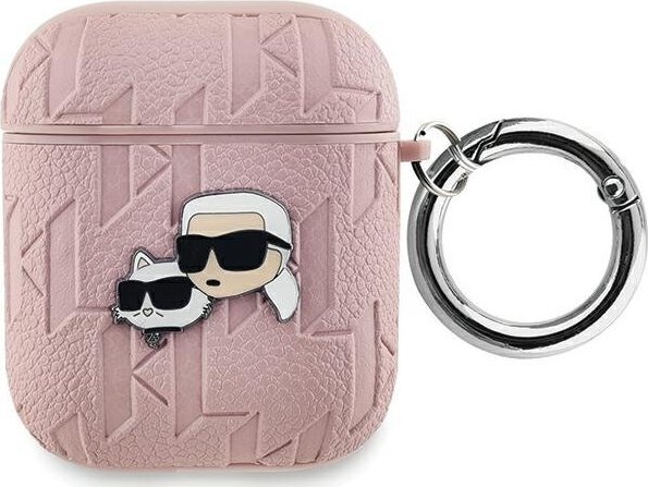 Kuti mbrojtëse Karl Lagerfeld PU Embossed Karl and Choupette Heads për AirPods 1/2, silikon, me karabinier, rozë