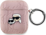 Kuti mbrojtëse Karl Lagerfeld PU Embossed Karl and Choupette Heads për AirPods 1/2, silikon, me karabinier, rozë