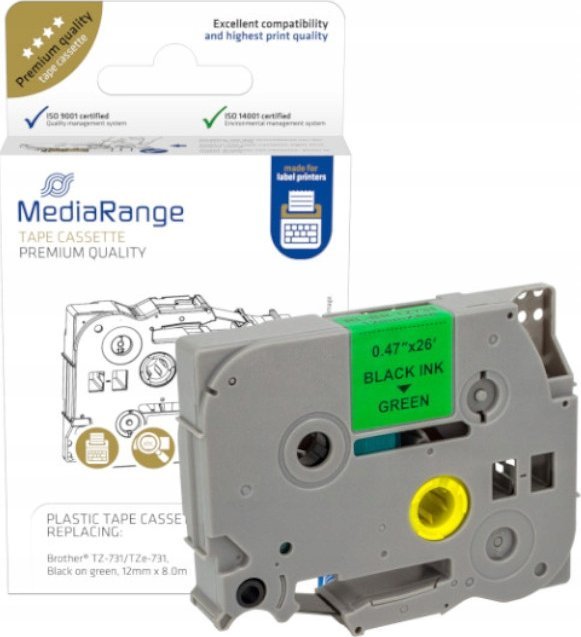 Kasetë shirit etiketues MediaRange TZ-731 TZe-731, 12mm, 8m, tekst i zi në sfond jeshil