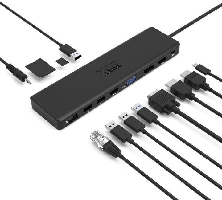 Docking station PORT CONNECT 11në1, 1x4K, RJ45, HDMI, Display Port, VGA, USB-C 100W, 4xUSB-A, micro / SD, i zi