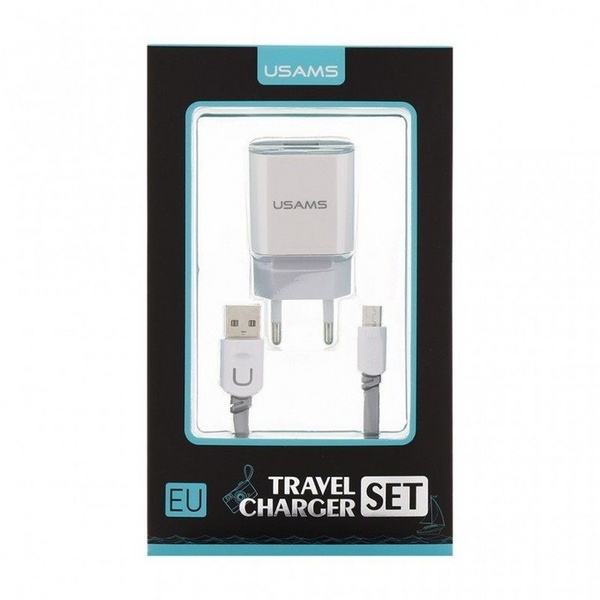 Karikues USAMS U-Trans, 2x USB, 2.4A (EU Blister), i bardhë + kabllo USB-A në USB-C, e bardhë / hirtë