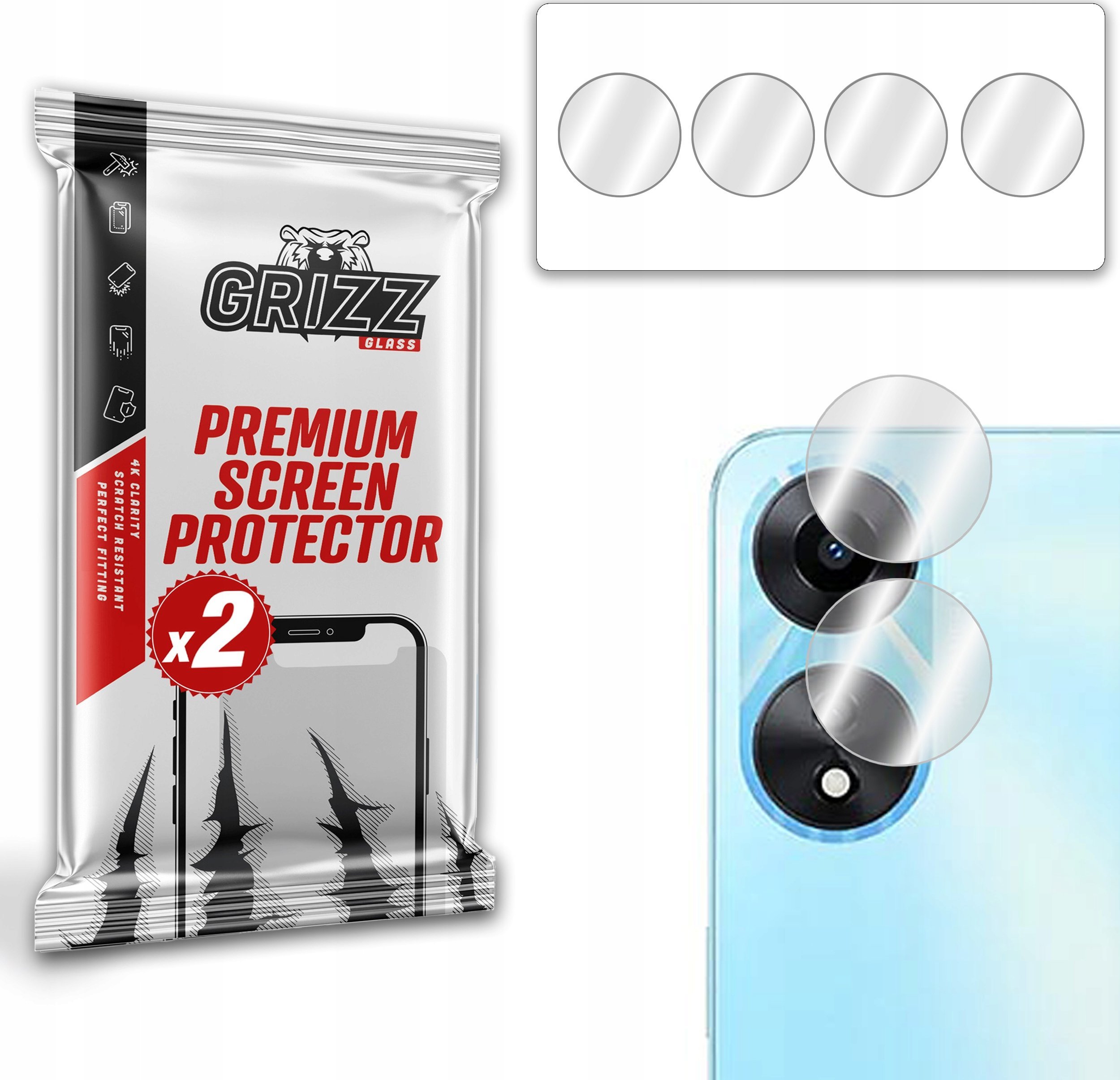 Xham mbrojtës kamerë GrizzGlass për Oppo A58x 5G, hibrid, set 2 copë, transparent