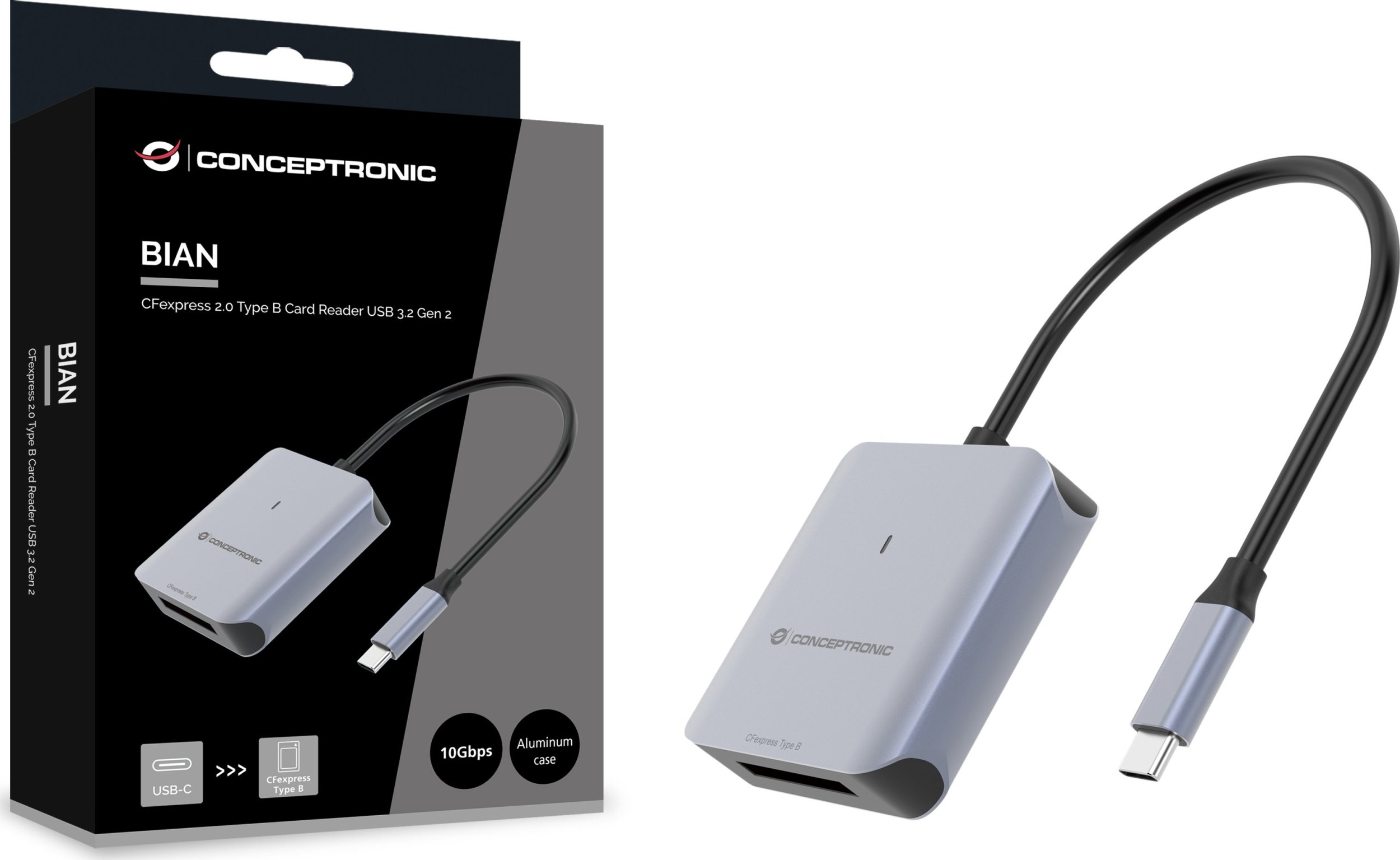 Читач на картички Conceptronic BIAN08G, CFexpress 2.0 Type B, USB 3.2 Gen 2, црна