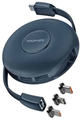 Kabllo karikimi 3 në 1 Quiver Retractable Magnetic, Lightning USB C Micro USB, blu