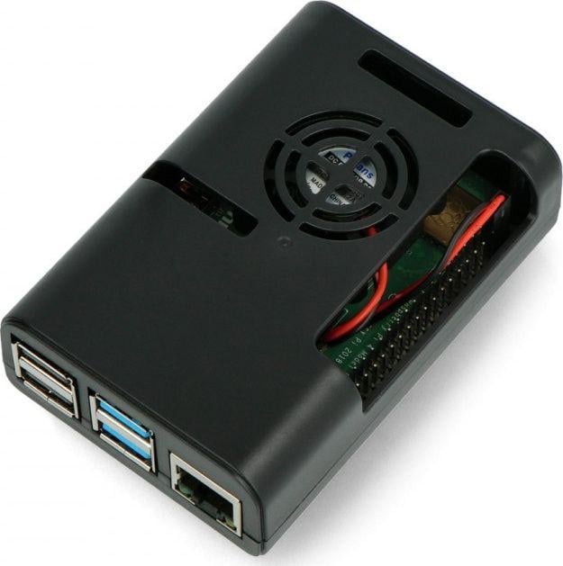 Kuti mbrojtëse JustPi për Raspberry Pi 4B, me ventilator, plastike, e zezë