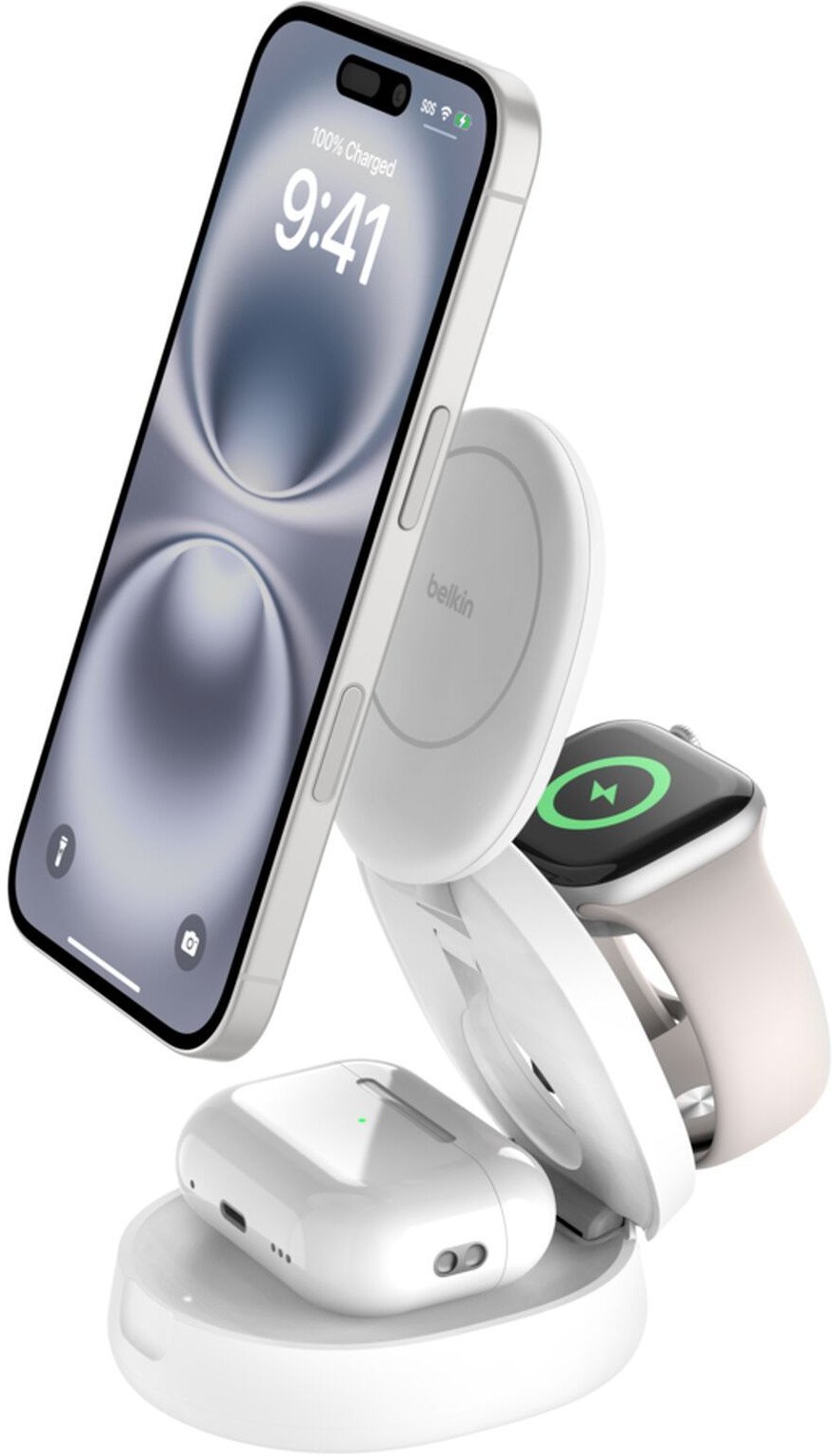 Станица за полнење Belkin Foldable Magnetic 3 in 1, Qi2 и MagSafe, безжична, бела