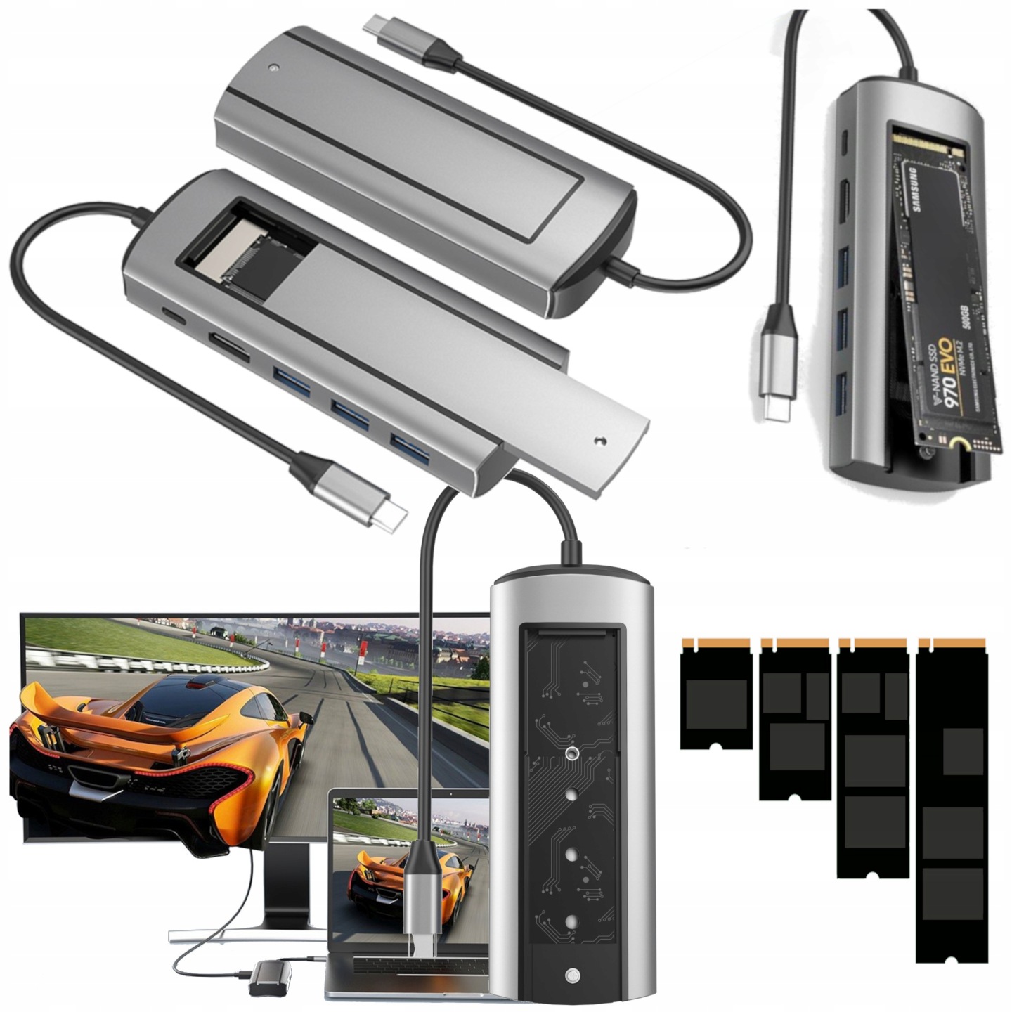 Kuti eksternale SSD M.2 Bounn, USB C hub 6 në 1, HDMI, gri