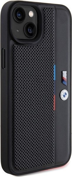 Kapak telefoni BMW Perforated Tricolor Line për iPhone 15 Plus 14 Plus, lëkurë ekologjike, i zi