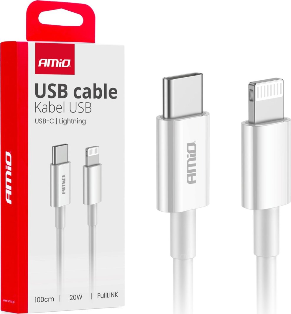 Kabllo karikimi AMiO 03898, USB C në Lightning, 1m, 20W, e bardhë