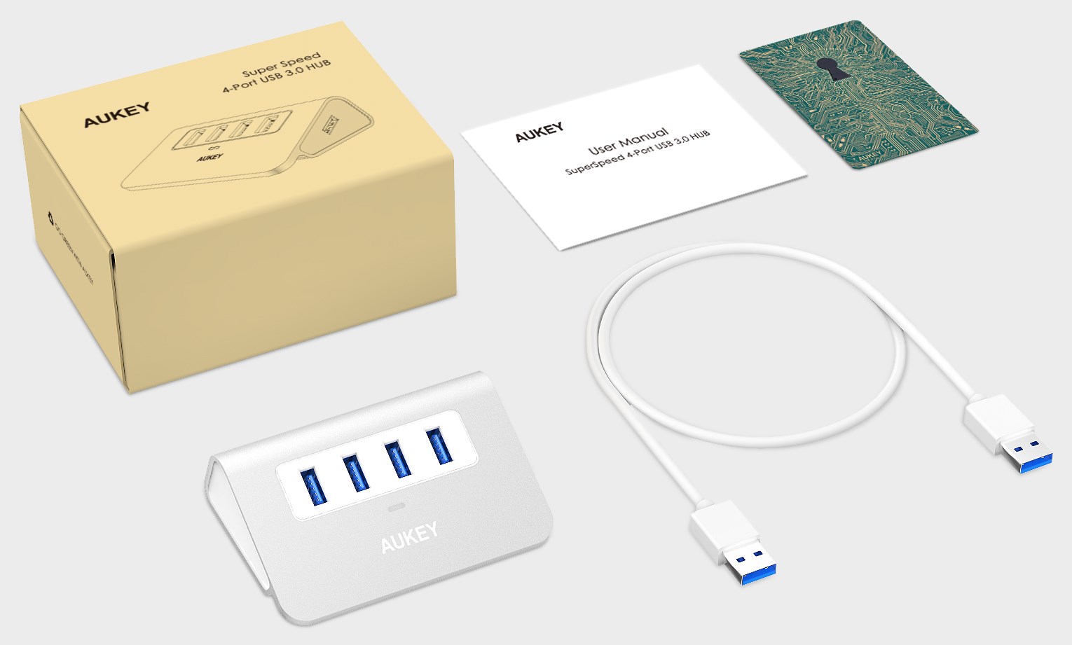 USB HUB Aukey CB-H5, 4x USB 3.0, 5Gbps, i argjendtë
