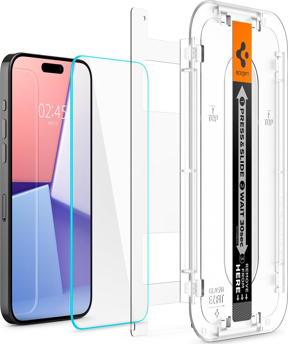 Заштитно стакло Spigen Glas.TR EZ Fit за iPhone 15 Pro, калено стакло, сет 2 парчиња, проѕирно