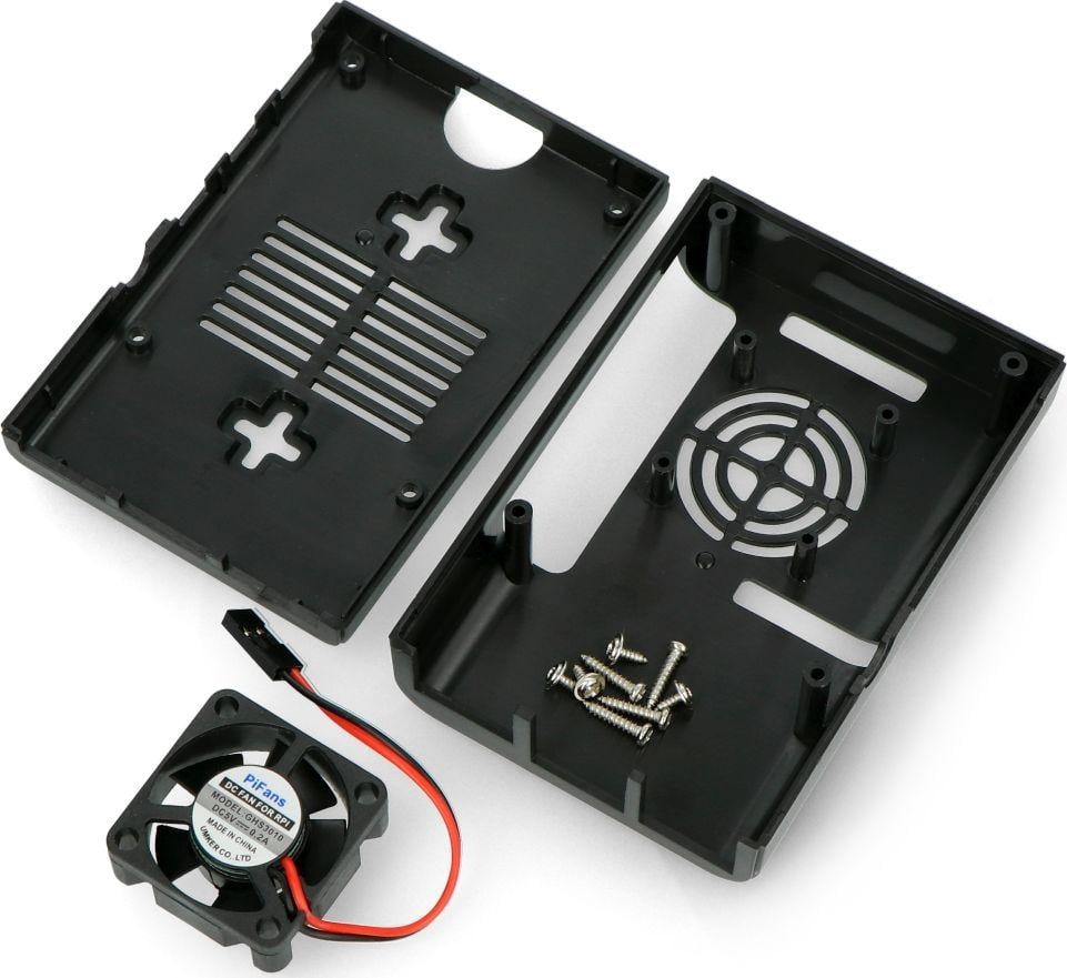 Kuti mbrojtëse JustPi për Raspberry Pi 4B, me ventilator, plastike, e zezë