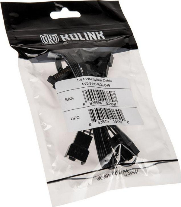 Kabllo splitter ventilatorësh Kolink PGW-AC-KOL-049, 4-pin PWM + SATA në 4x 4-pin, 0.35m, e zezë