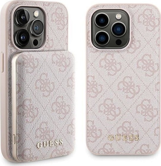 Set aksesorësh Guess GUBPM5P14L4GEMGP për iPhone 14 Pro 6.1", hardcase, powerbank 5000 mAh, rozë