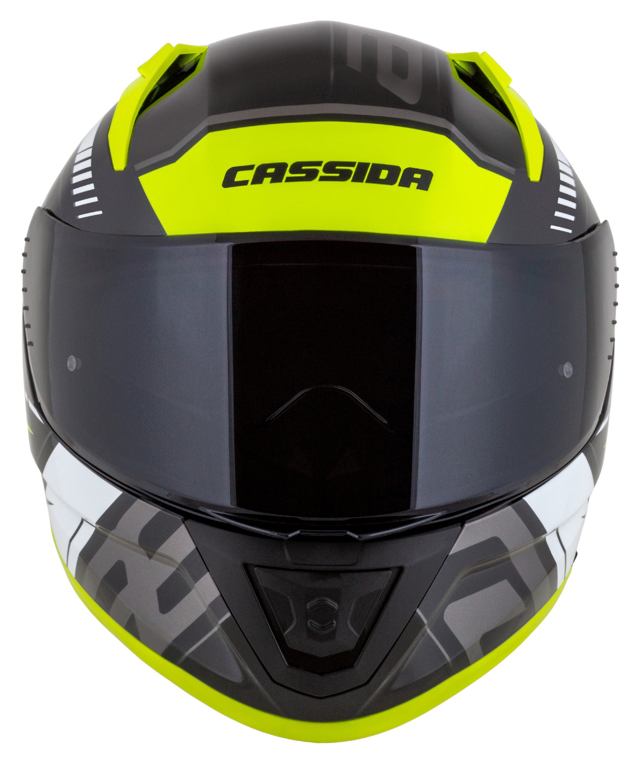 Helmë moto CASSIDA Aero Drome, integrale, me diell, e zezë verdhë fluo e bardhë gri