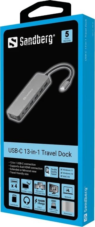 Dok udhëtimi USB C Sandberg 13 in 1, 3x ekran, Power Delivery 100W, gri