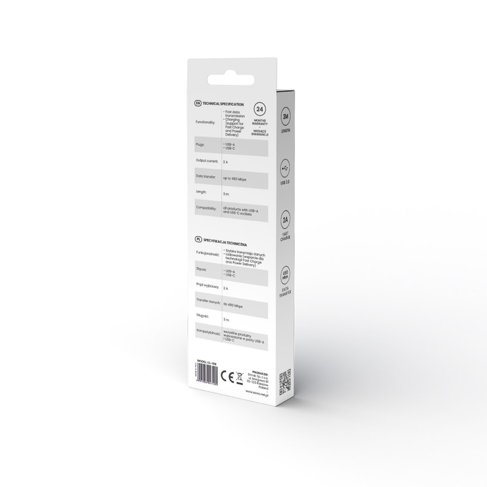 Kabllo Savio, USB A / USB C, 3 m, e bardhë