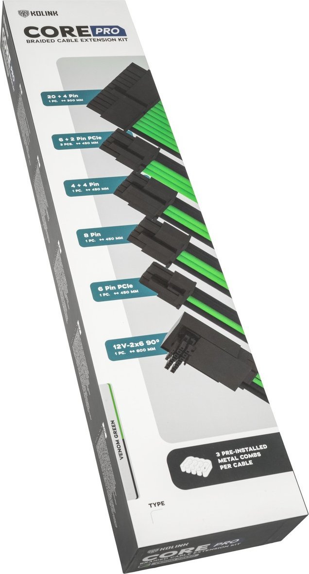 Set zgjatues kabllosh PC Kolink Core Pro 12VHWPR Type 1, braided, Venom Green