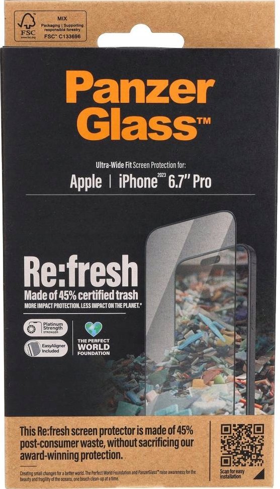 Mbrojtës ekrani PanzerGlass Recycled Glass UWF WA, për iPhone 15 Pro Max, xham i temperuar, transparent