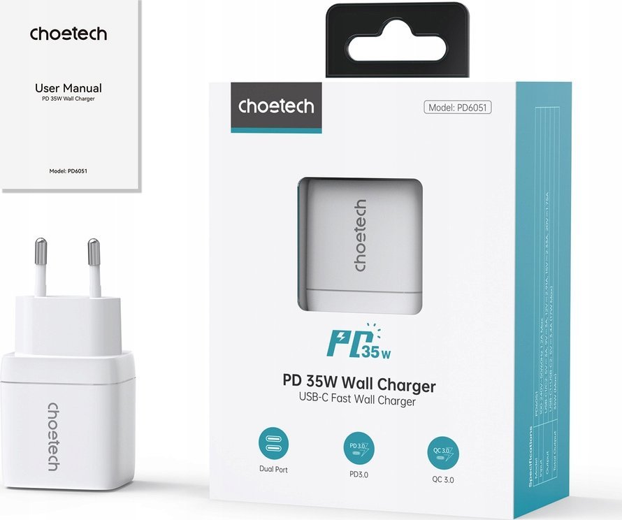 Karikues mural ChoeTech PD35W Dual Type C GaN, 35W, 2x USB C, i bardhë