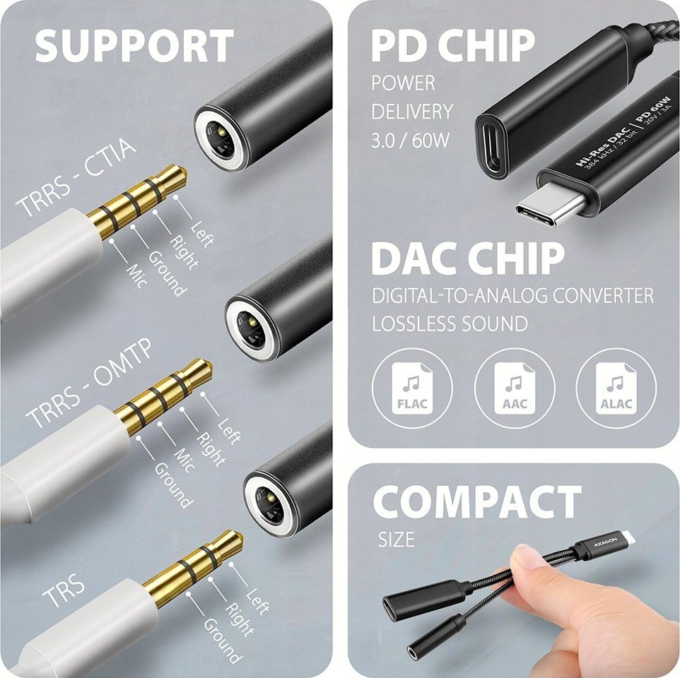 Adapter audio AXAGON ADA HCPD USB C në 3.5mm, DAC 32bit 384kHz, PD 60W, i zi