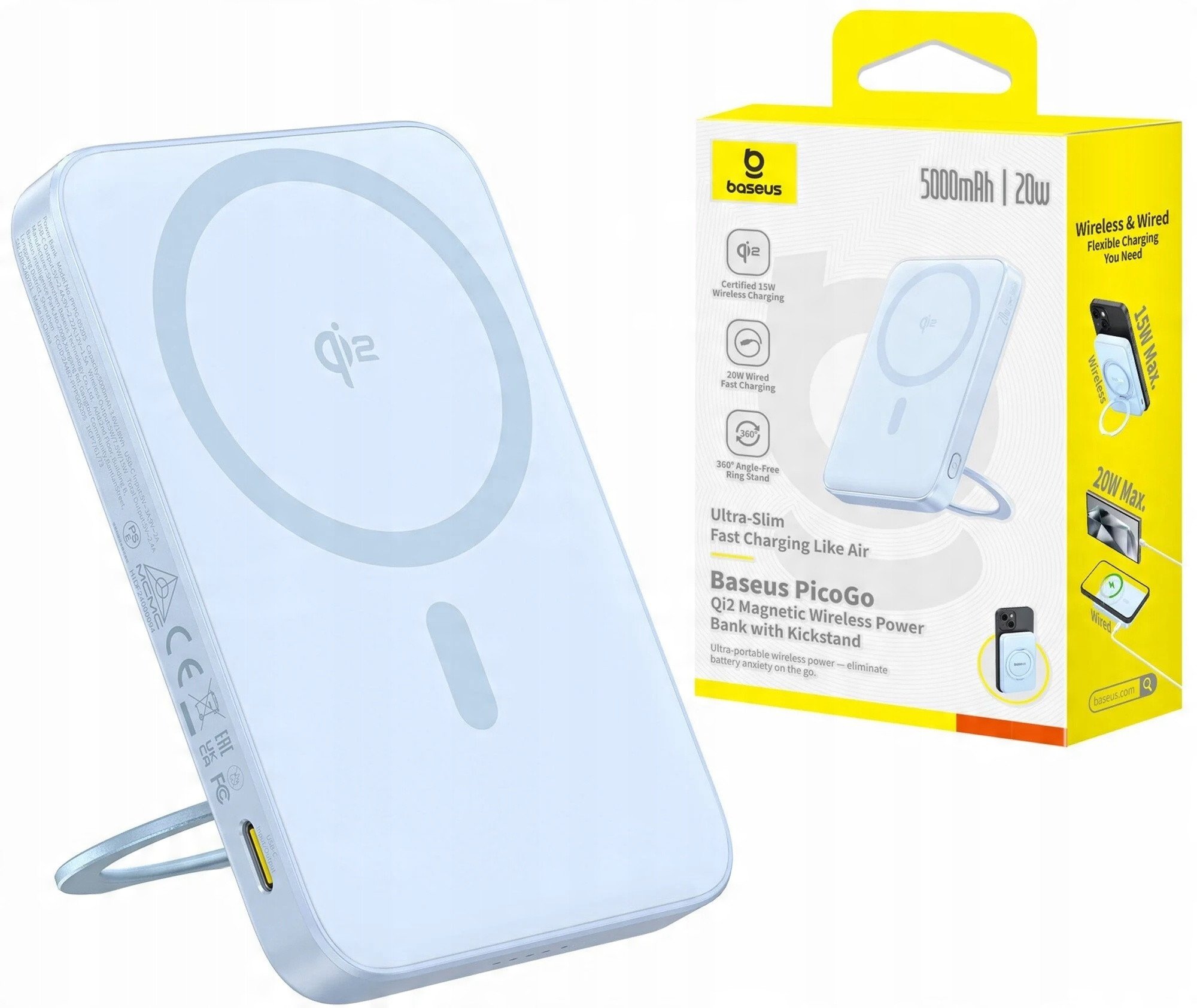 Power bank Baseus Bipow PicoGo Qi2, 5000mAh, karikim pa tel 15W, i zi