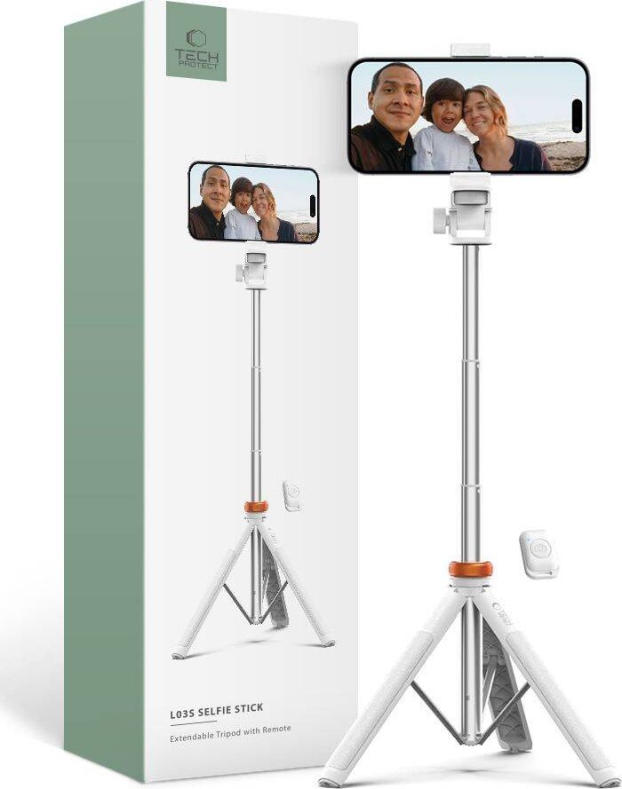 Selfie stick tripod Tech-Protect L03S, Bluetooth, 148 cm, i bardhë