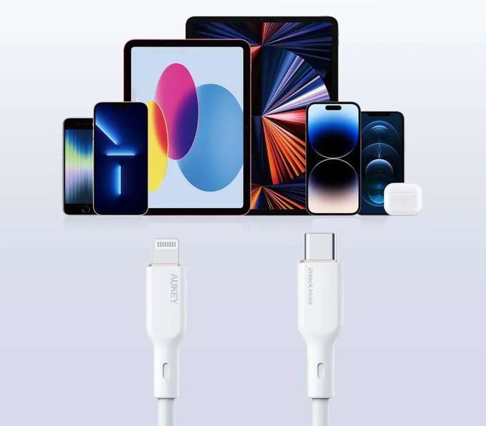 Kabllo Aukey, Lightning / USB C, 1.8 m, e bardhë, e zezë