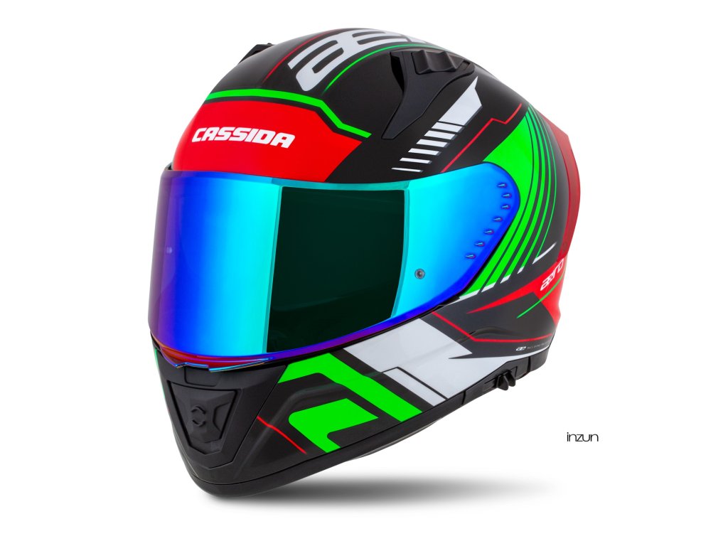 Helmetë moto CASSIDA Aero Drome 2026, integrale, polikarbonat, e zezë metalike kuqe gjelbër bardhë