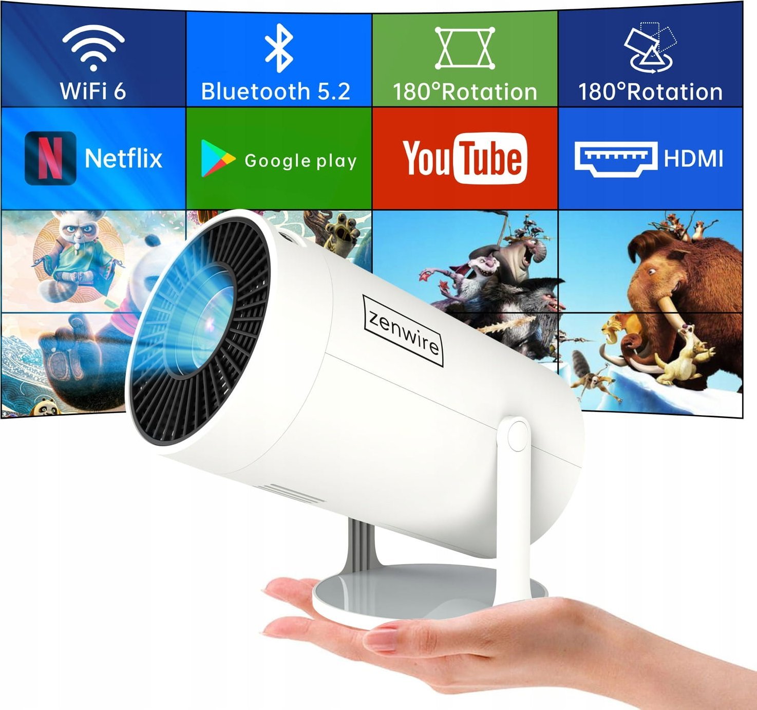 Портабилен проектор Зенwире R1 МИНИ, Андроид 12, Фул ХД 4К, сив