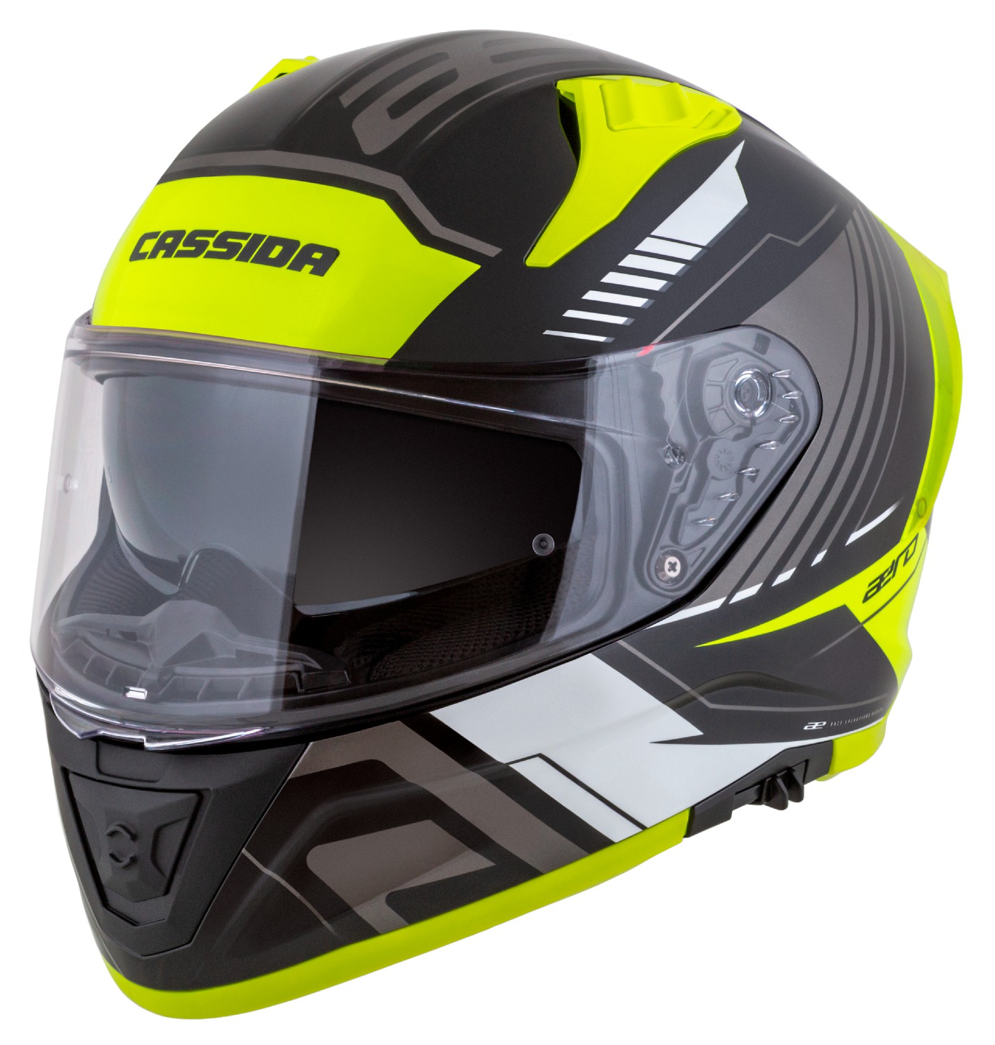Helmë moto CASSIDA Aero Drome, integrale, me diell, e zezë verdhë fluo e bardhë gri