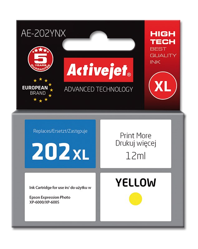 Ngjyrë për printer Activejet AE-202YNX (zëvendësim për Epson 202XL H44010), 12 ml, e verdhë
