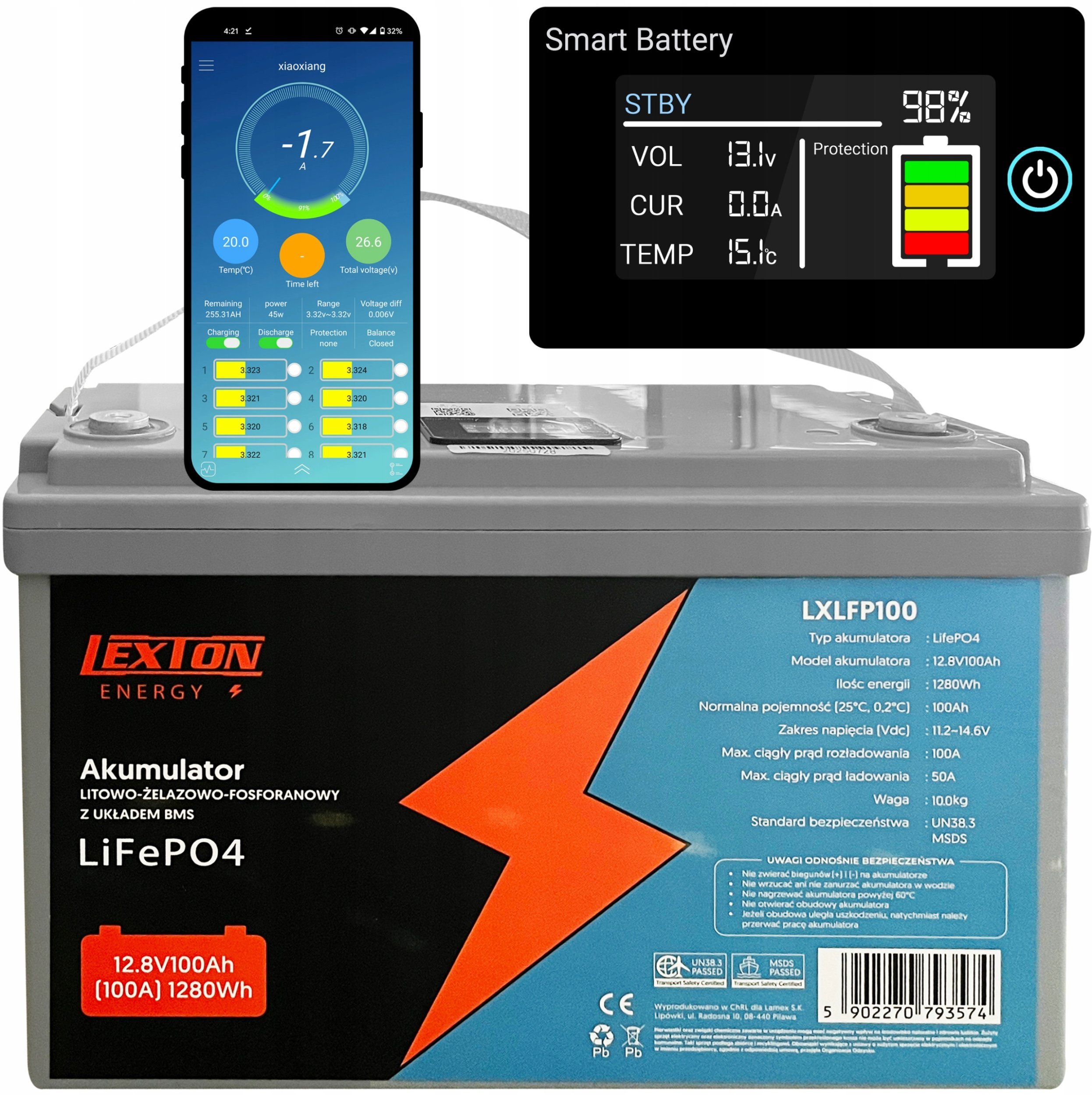 Батерија LiFePO4 12V 70Ah, интегриран BMS, LCD, Bluetooth поврзување