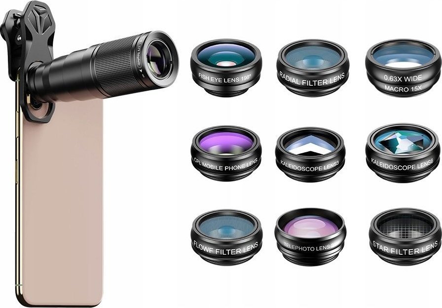 Сет леќи за паметен телефон Apexel 12 in 1 APL 22XDG9, 22x телефото, fisheye, 15x макро