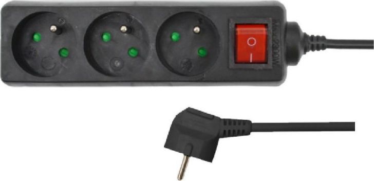 Кабел за струја AWTools, 4 приклучоци, 3 м, со заземјување, црн