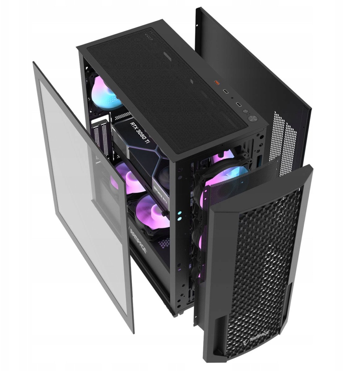 Kути за компјутер Rampage Shelob Mid Tower, 4 ARGB ладици, калено стакло, црна