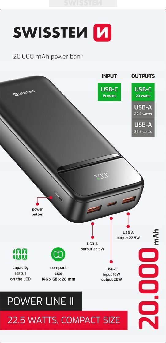 Powerbank Swissten Power Line II, 20000mAh, 22.5W, i zi