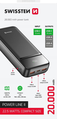 Powerbank Swissten Power Line II, 20000mAh, 22.5W, i zi