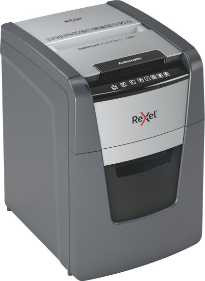 Rexel Optimum AutoFeed+ 100M Микро-сечач за документи, 34 L, P-5 (2 x 15 mm), 100-листно автоматско вметнување
