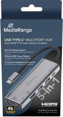 Adapter multiport USB C Mediarange MRCS511, 5 në 1, 4K, argjendtë