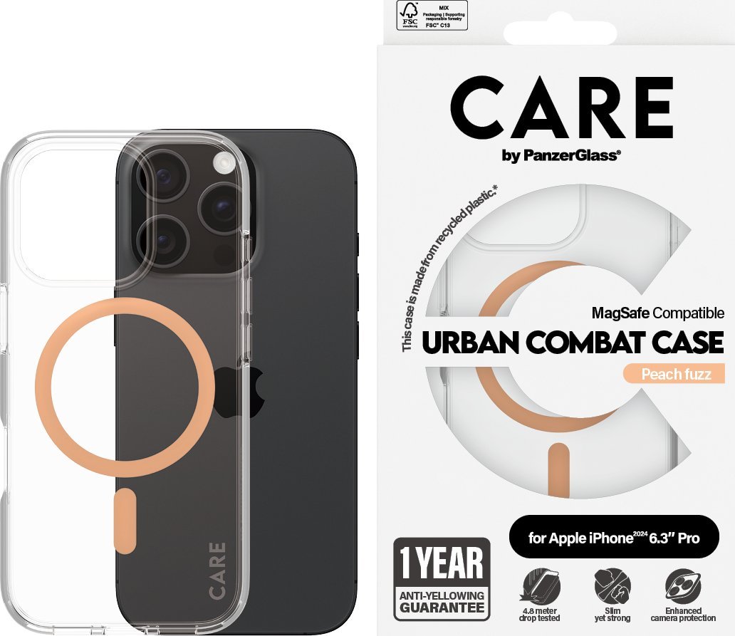 Mbulesë PanzerGlass 0 CARE Flagship Case për iPhone 16 Pro, MagSafe, transparente Urban Combat Peach
