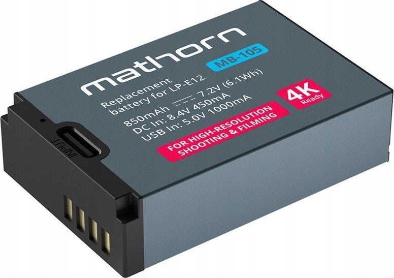 Bateri kamerë Mathorn MB-105, USB-C, e rikarikueshme, zëvendësuese për Canon LP-E12