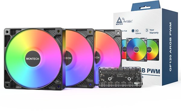 Ventilatorë kase Montech GF120 ARGB PWM, 120mm, set 3 copë me fan hub, të zinj