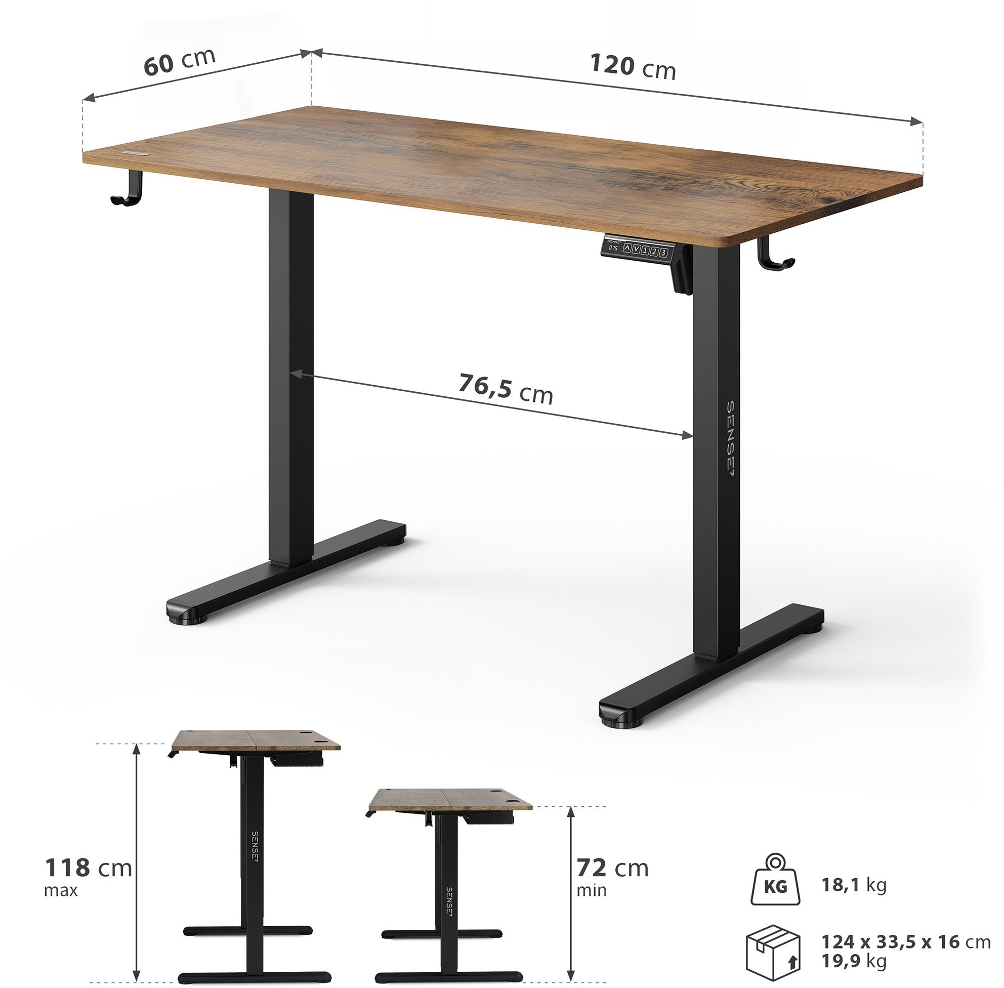 Tavolinë elektrike SENSE7 NOJO LIGHT, 120 cm x 60 cm, kafe e errët