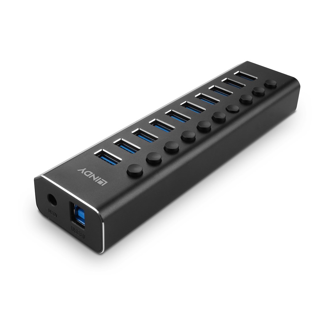 Qendër USB Lindy, 10 porte, 3.0, 5 Gb/s, e zezë