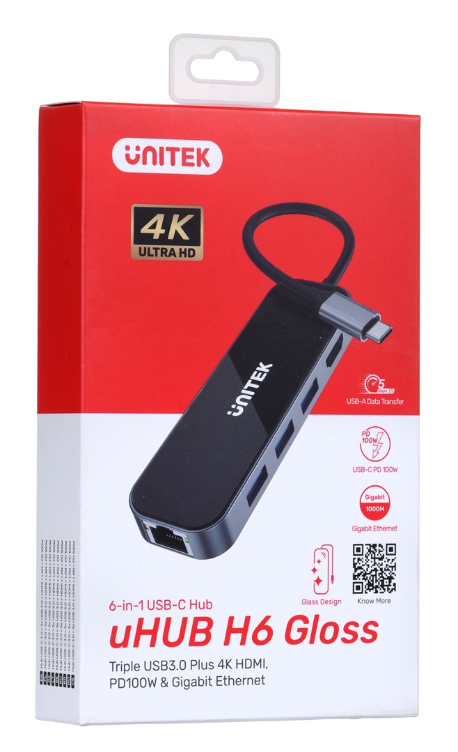 USB Hub Unitek, USB-C, 6 porte, 4K HDMI, PD 100W, i hirtë