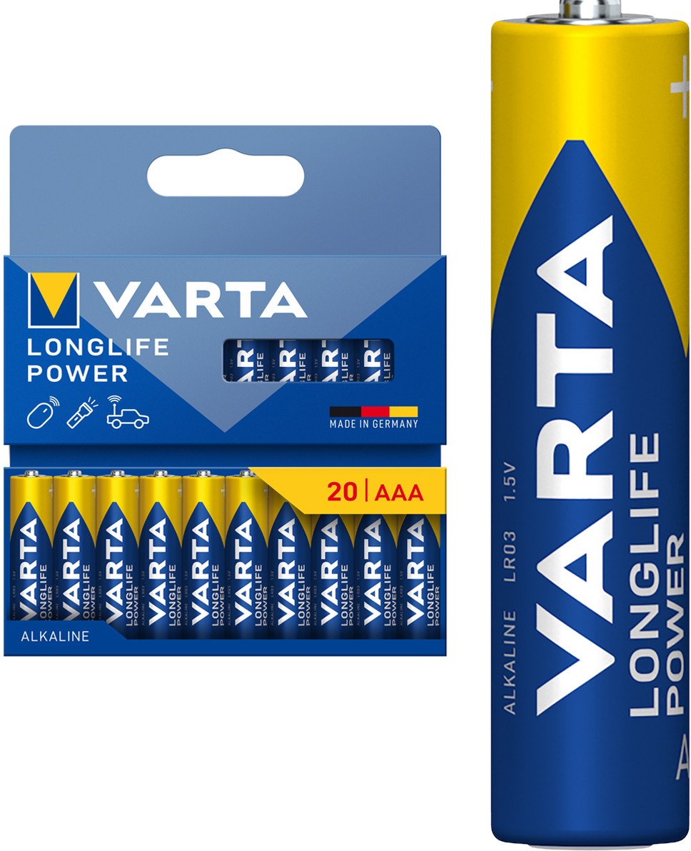 Bateri alkaline VARTA Longlife Power AAA, 1.5V, paketim 20 copë, plastikë free